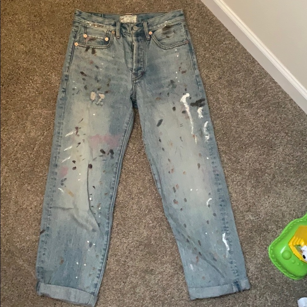 Distressed paint splatter free people jeans